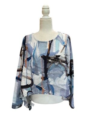 Eleven Stitch Design Womens Art To Wear Blouse Lagenlook Blue Abstract